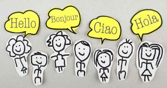 Drawings of figures saying "Hello" in various languages